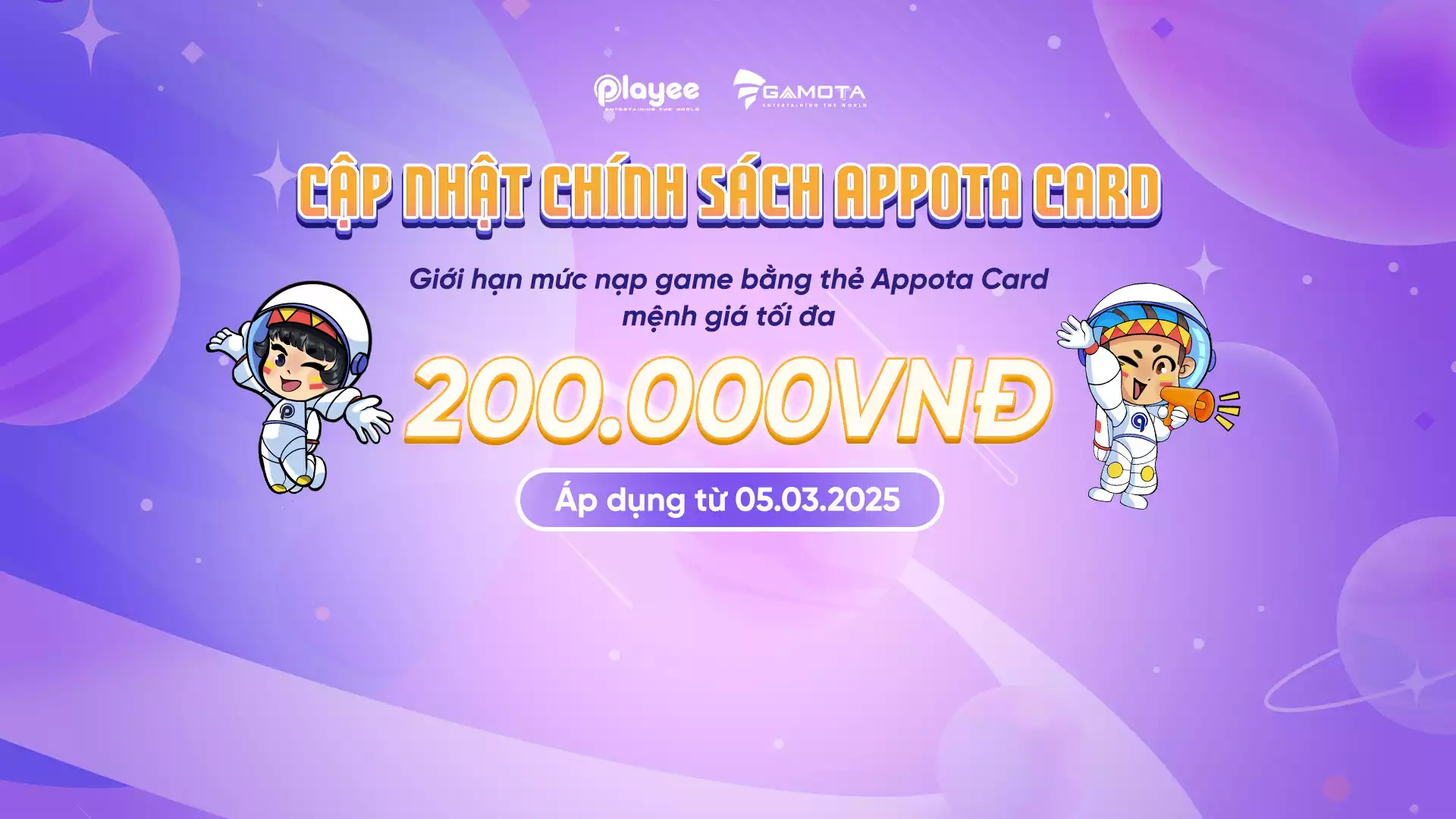 THÔNG BÁO: CẬP NHẬT CHÍNH SÁCH NẠP GAME BẰNG THẺ APPOTA CARD MỚI